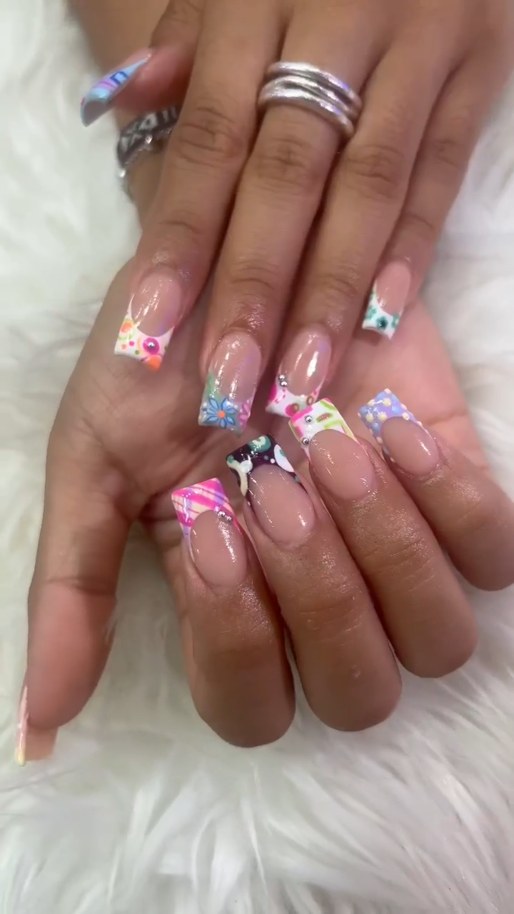 Colorful French tips with mixed patterns