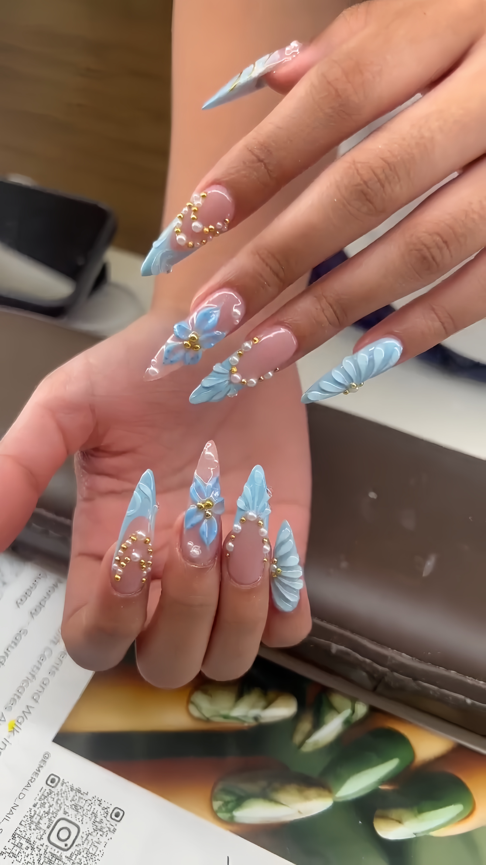 Blue floral 3D nails with gold bead accents